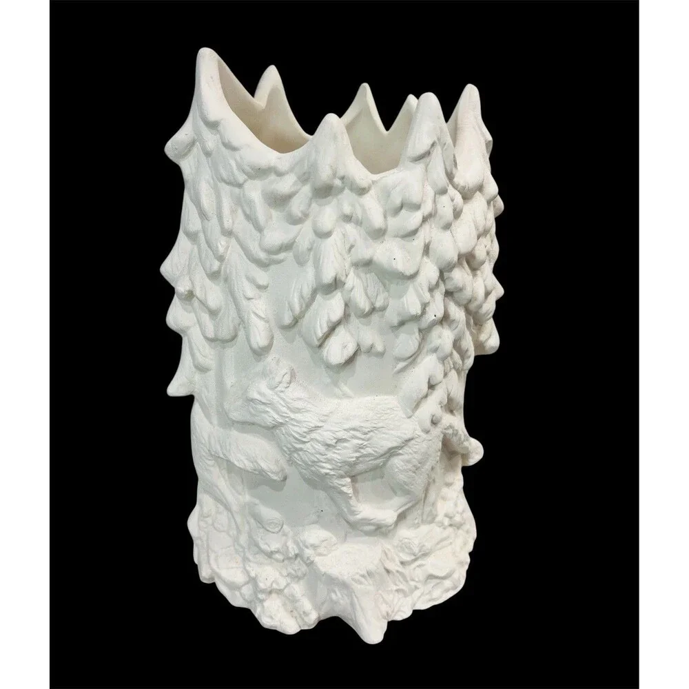 Ceramic Bisque Woodland Tree Vase Planter Ready To Paint Deer Pine Trees Pottery